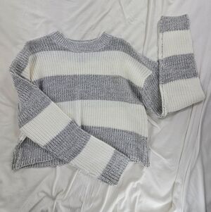 Grey and White Women's Striped Knitted Cropped Sweater NWOT